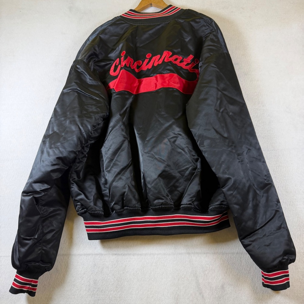 Vintage The Jacket Factory Cincinnati Satin Bomber Varsity Jacket Black Red USA